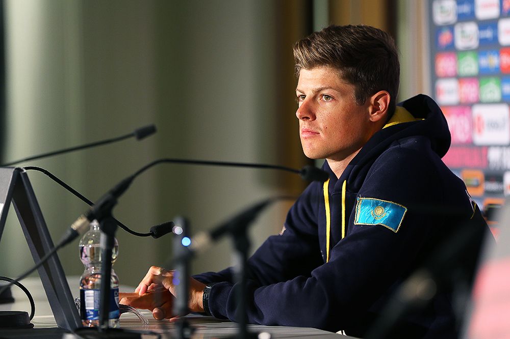 Jacob Fuglsang listens to a question at the Astana press conference.