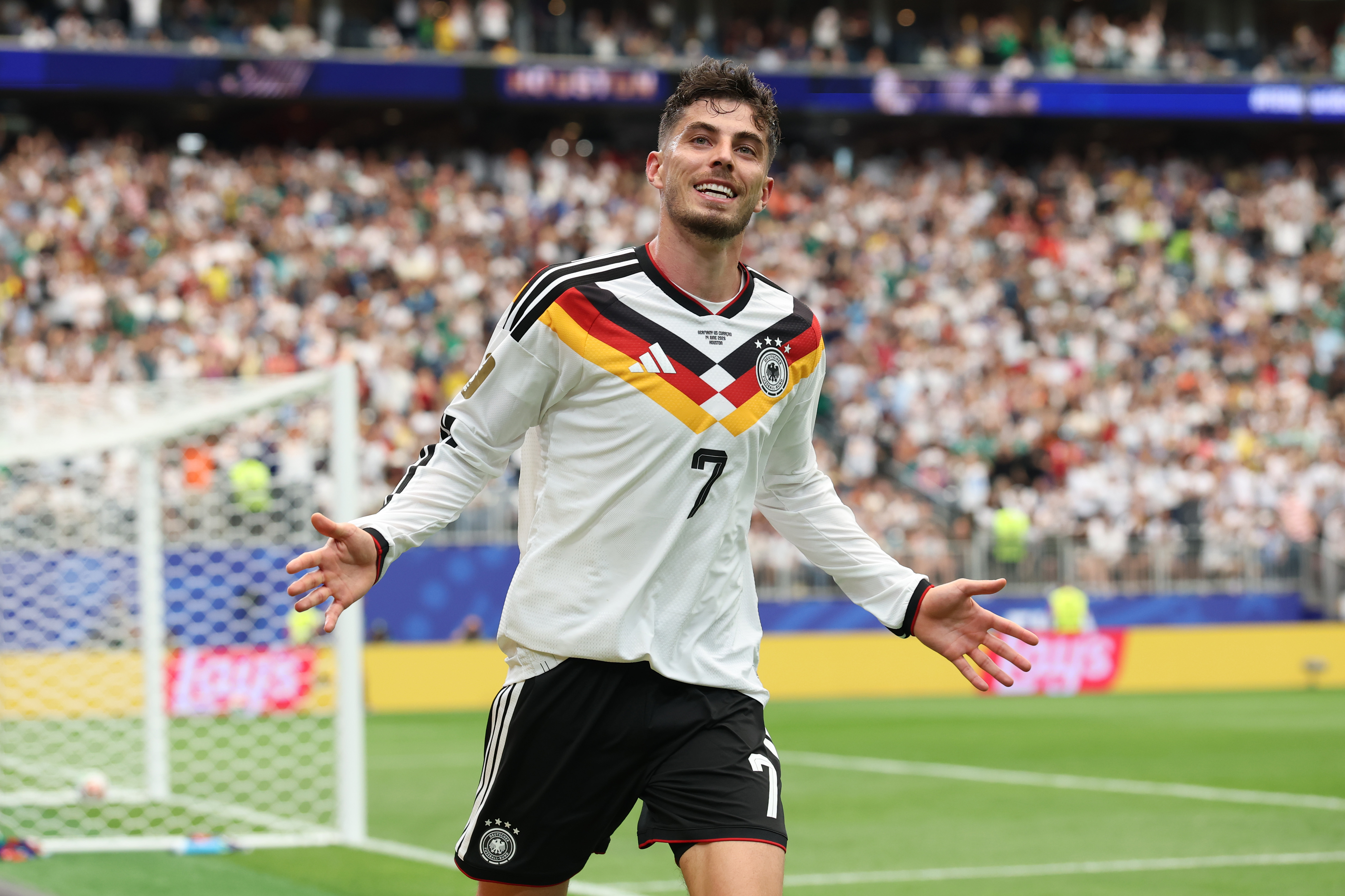Kai Havertz #7 of Germany celebrates scoring his team's seventh goal during the FIFA World Cup 2026 Group E match between Germany and Curacao at Houston Stadium on June 14, 2026 in Houston, Texas