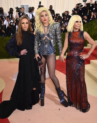 Allegra Versace Beck, Lady Gaga, and Donatella Versace attend the "Manus x Machina: Fashion In An Age Of Technology" Costume Institute Gala at Metropolitan Museum of Art on May 2, 2016 in New York City.