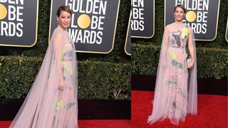 lucy liu in a mesh floor length light pink dress with embroidered details and cape at the 2019 golden globes