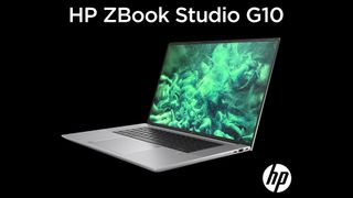 HP ZBook Studio G10 profile image at a 45 degree angle on a black background with the product name written above it and the HP logo in the bottom right