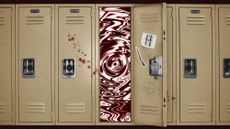 Photo collage of a row of high school lockers. One is open, revealing a psychedelic swirling pattern that draws the eye in. 