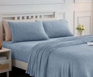 Nylon Bed Sheets in blue on a bed against white walls.