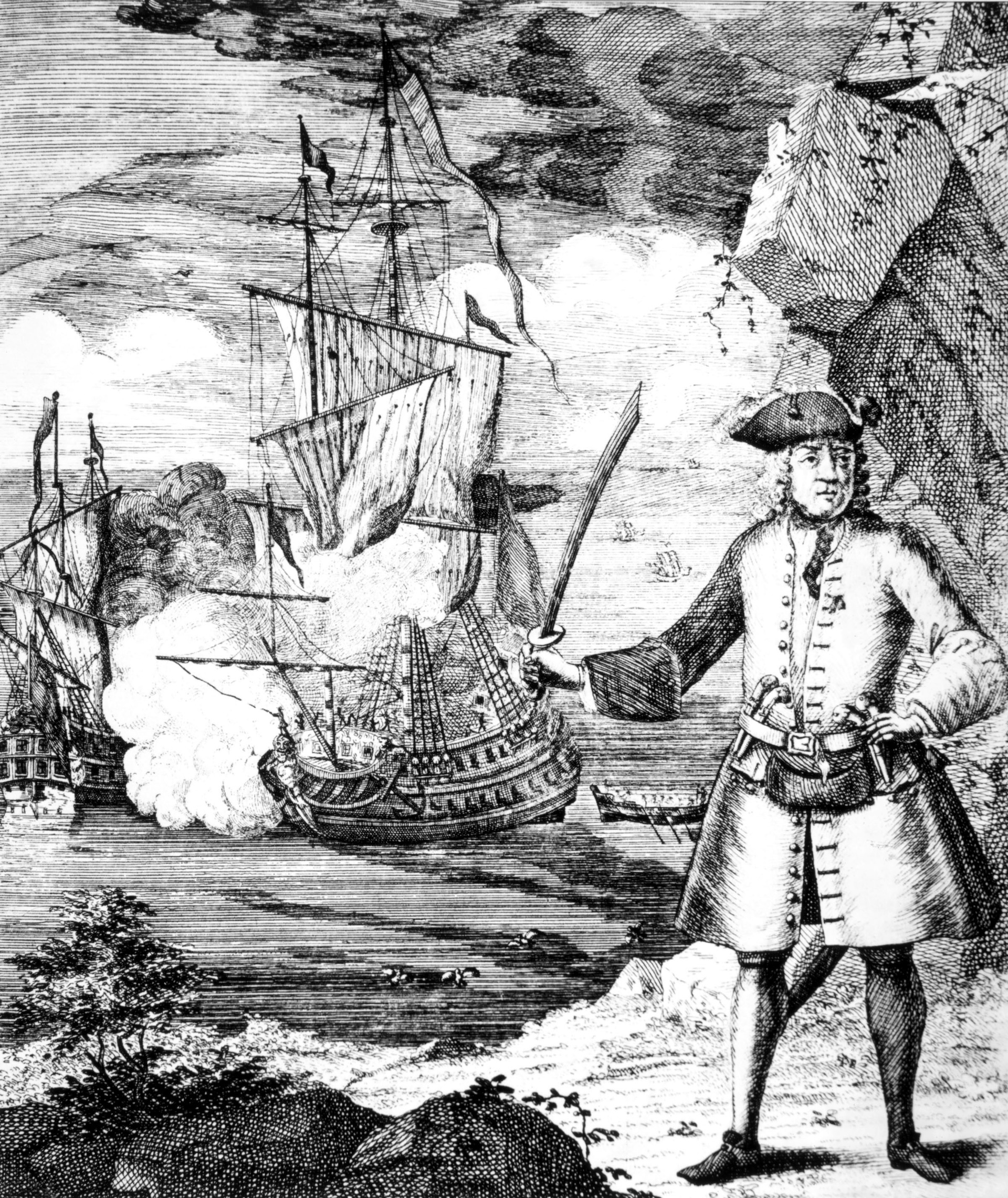 a black and white illustration of Henry Every standing on shore as a ship is captured behind him
