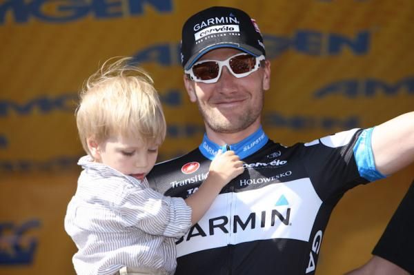 Dave Zabriskie (Garmin-Cervelo) and son are happy to be on the podium with first place finish.