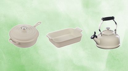 Le Creuset brioche line including a dish, pan, and tea kettle on a green sage background