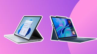 Product shots of the various best 2-in-1 laptops on a purple background