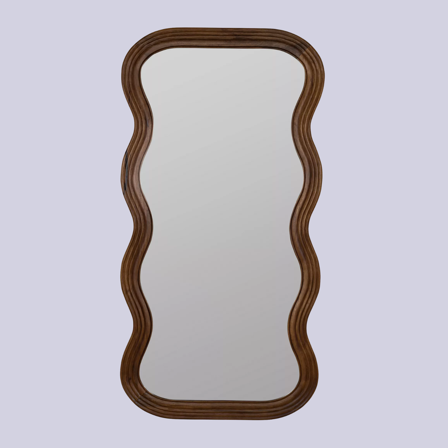 A long mirror with a wavy wood frame