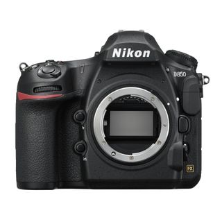 Front view of the Nikon D850 on a white background.