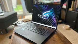 Asus ROG Zephyrus M16 gaming laptop open to show screen