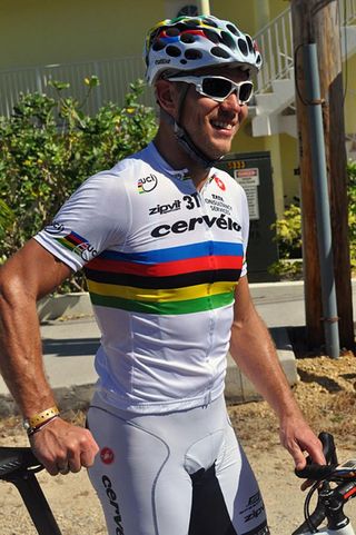 Thor Hushovd resplendent in his world champion kit