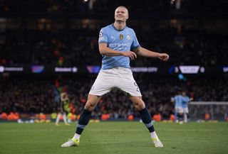 Erling Haaland celebrates after scoring for Manchester City against Sparta Prague in the Champions League in October 2024.