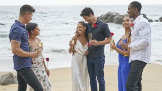 Kenny, Mari, Serena, Joe, Maurissa and Riley stand on the beach on Bachelor in Paradise after getting engaged in Season 7.