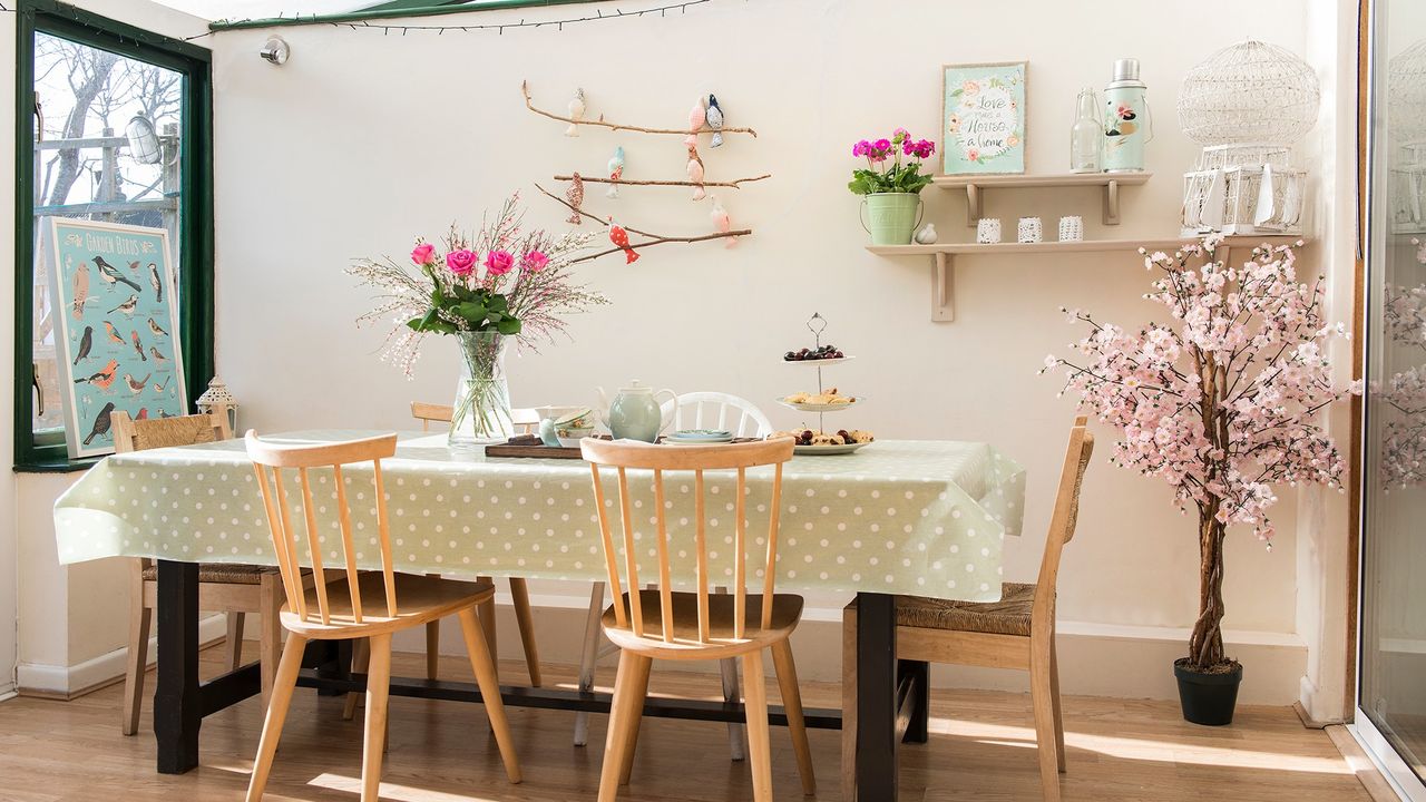 dining table with flower vase