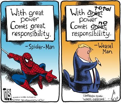 Political Cartoon U.S. Spiderman Uncle Ben great power Trump no responsibility