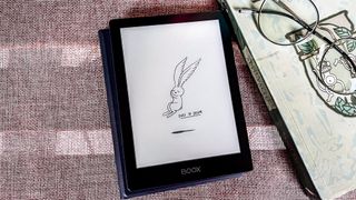 A cartoon drawing of a sleeping rabbit on the sleep screen of the Onyx Boox Go 6