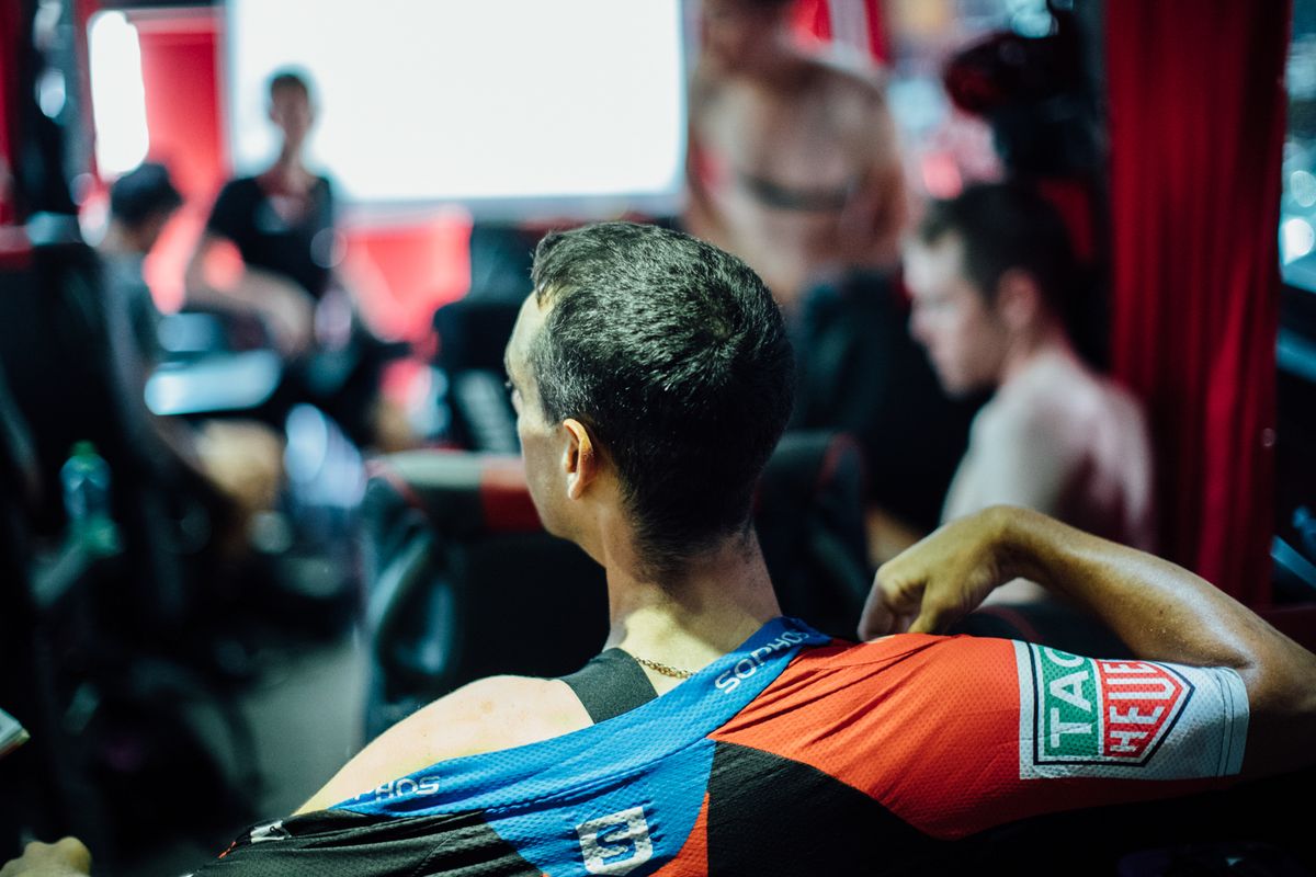Richie Porte gets ready on the BMC bus before stage 4 of the Vuelta a Espana.
