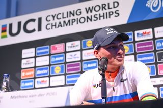 Road World Championships 2023: Mathieu van der Poel (Netherlands) at the media conference after claiming the elite men's road race title