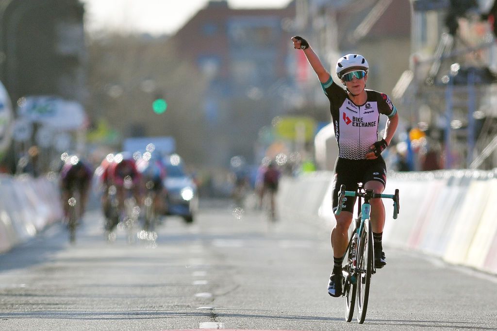 DE PANNE BELGIUM MARCH 25 Arrival Grace Brown of Australia and Team BikeExchange Celebration during the 4th Oxyclean Brugge De Panne 2021 Women Classic a 1588km race from Brugge to De Panne OxycleanClassic UCIWWT on March 25 2021 in De Panne Belgium Photo by Luc ClaessenGetty Images