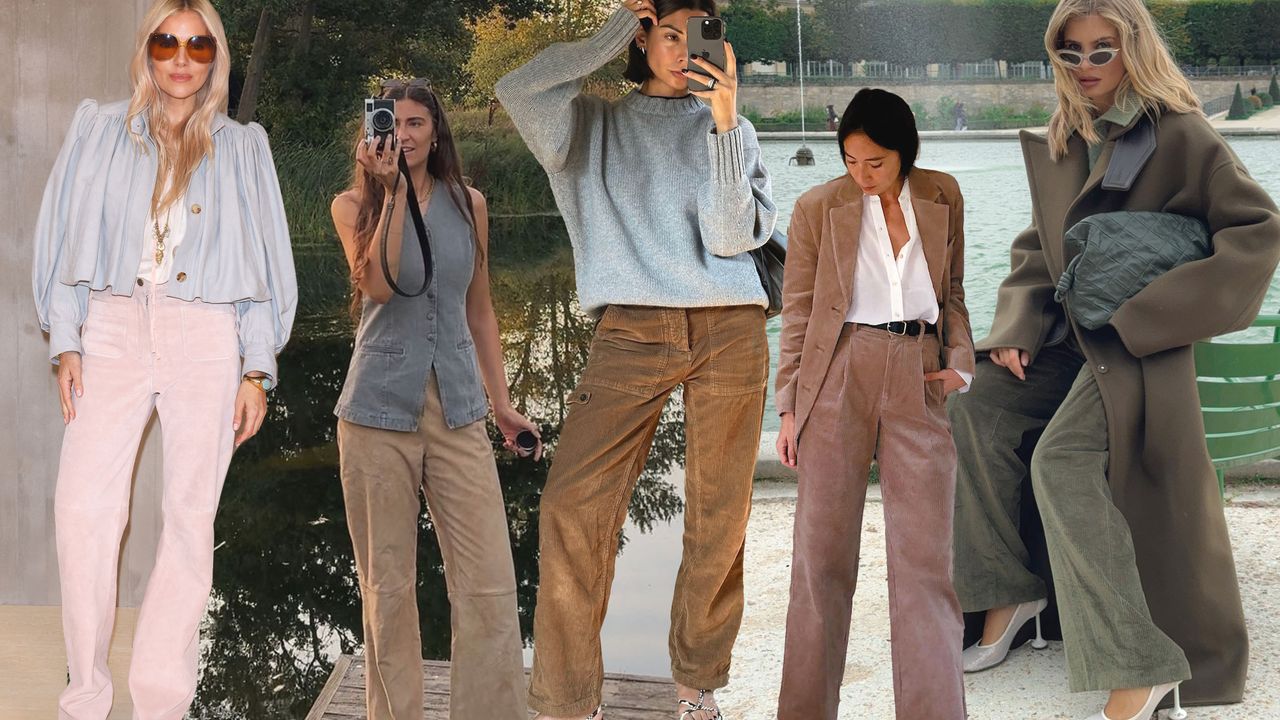 Collage of women wearing corduroy pants in different colors.