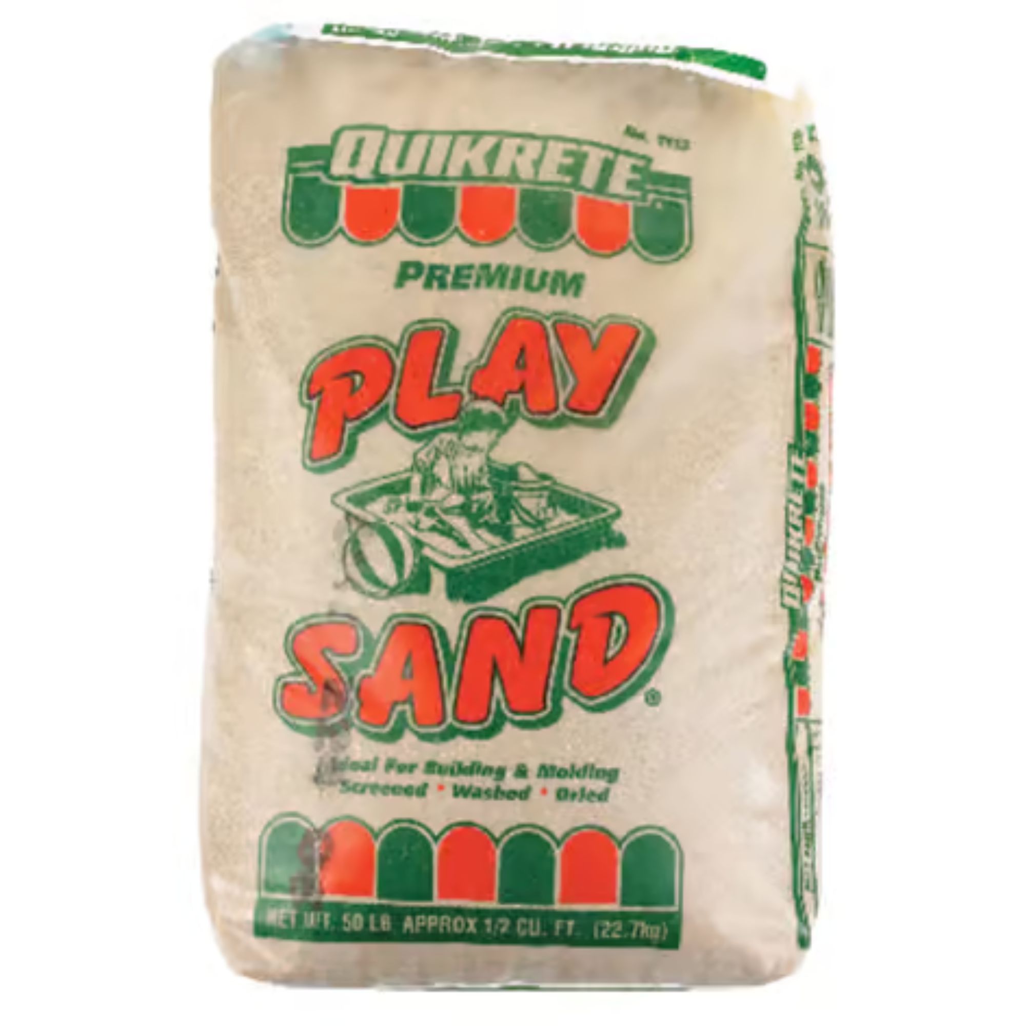 Quikrete play sand in a bag with red and green writing
