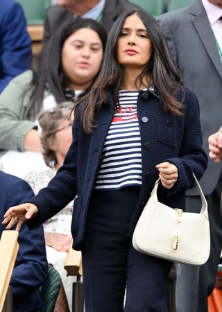 Salma Hayek attends day seven of the Wimbledon Tennis Championships at the All England Lawn Tennis and Croquet Club on July 07, 2024 in London, England.