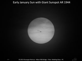 This image shows the sun with massive sunspot AR 1944 visible near the center of the image. Giuseppe Petricca took this photo on Jan. 7 from Sulmona, Italy using a Nikon P90 bridge camera on a tripod (ISO 64, f/6.3, 1/1200" exposure).