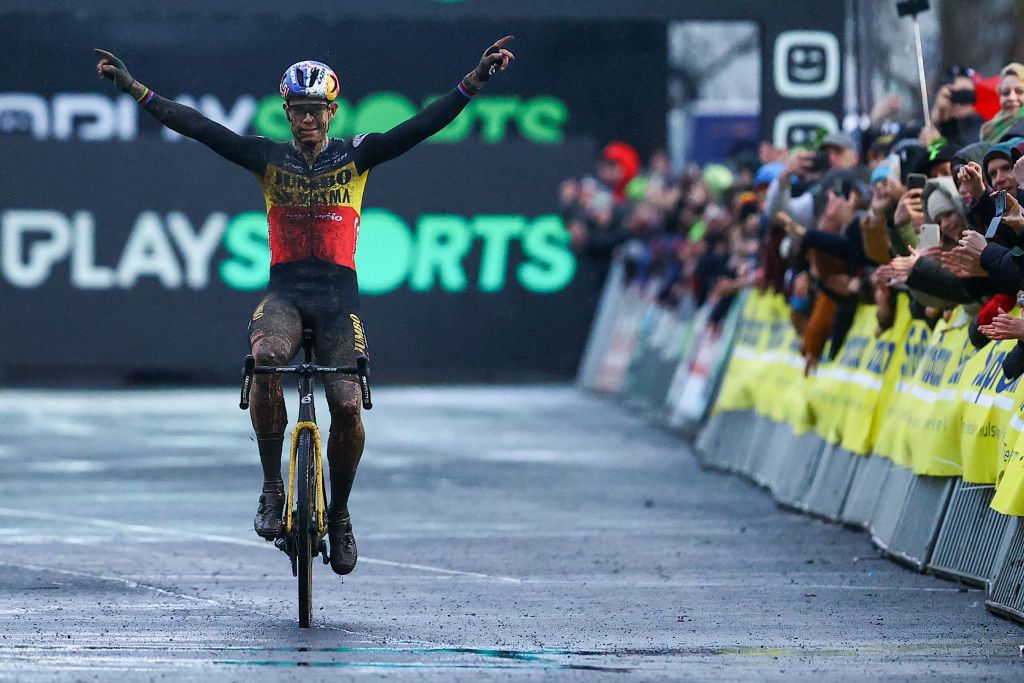 Belgian Wout Van Aert celebrates as he crosses the finish line to win the men elite race of the Superprestige Gullegem 7th stage out of 8 in the Superprestige cyclocross cycling competition in Gullegem Saturday 07 January 2023 BELGA PHOTO DAVID PINTENS Photo by DAVID PINTENS BELGA MAG Belga via AFP Photo by DAVID PINTENSBELGA MAGAFP via Getty Images