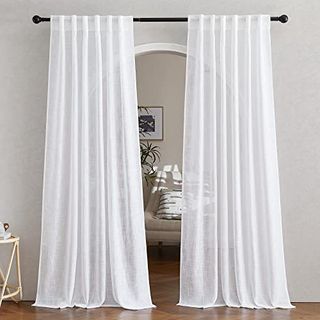 Nicetown White Linen Sheer Curtains and Drapes 84 Inches Long, Rod Pocket & Back Tab Semitransparent With Light Through Vertical Window Treatments for Sliding Glass Door & Living Room, 52