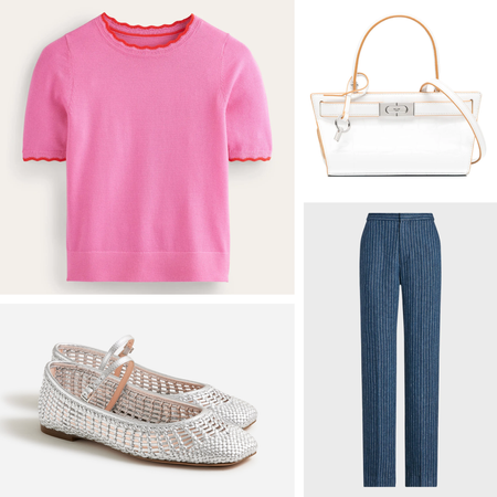 product collage of Boden Merino Scallop T-Shirt, Tory Burch Lee Radziwill Cat Eye Bag, J.Crew Quinn Woven Ballet Flats in Metallic Leather, Polo Ralph Lauren Pinstripe Linen Pants 