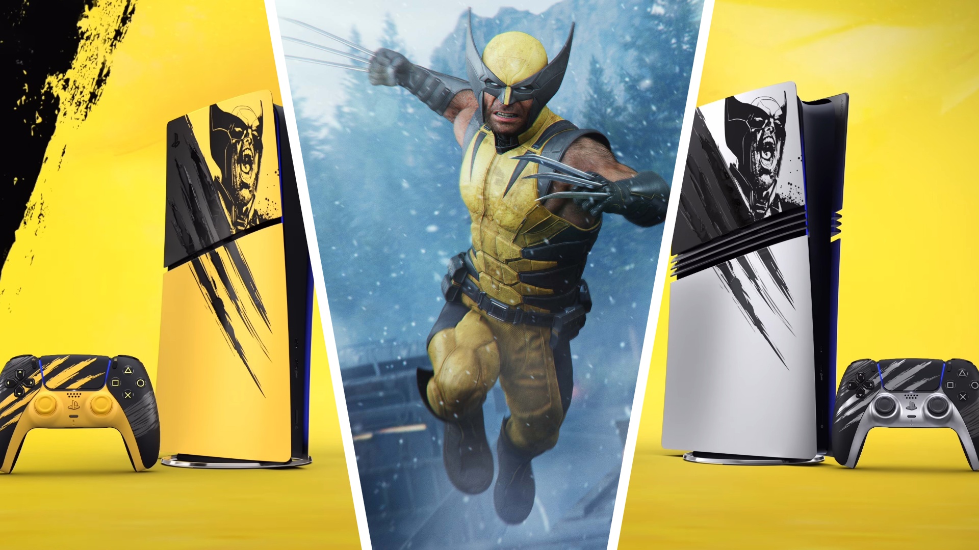 A three way split image of Sony's limited edition PS5 hardware and a screenshot of a leaping Logan from the game Marvel's Wolverine
