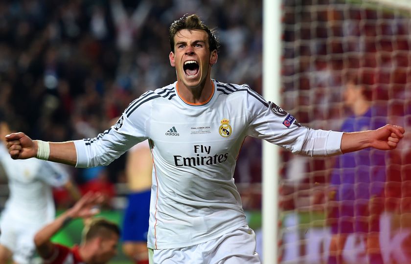 Gareth Bale celebrates after scoring for Real Madrid against Atletico Madrid in extra time in the 2014 Champions League final.