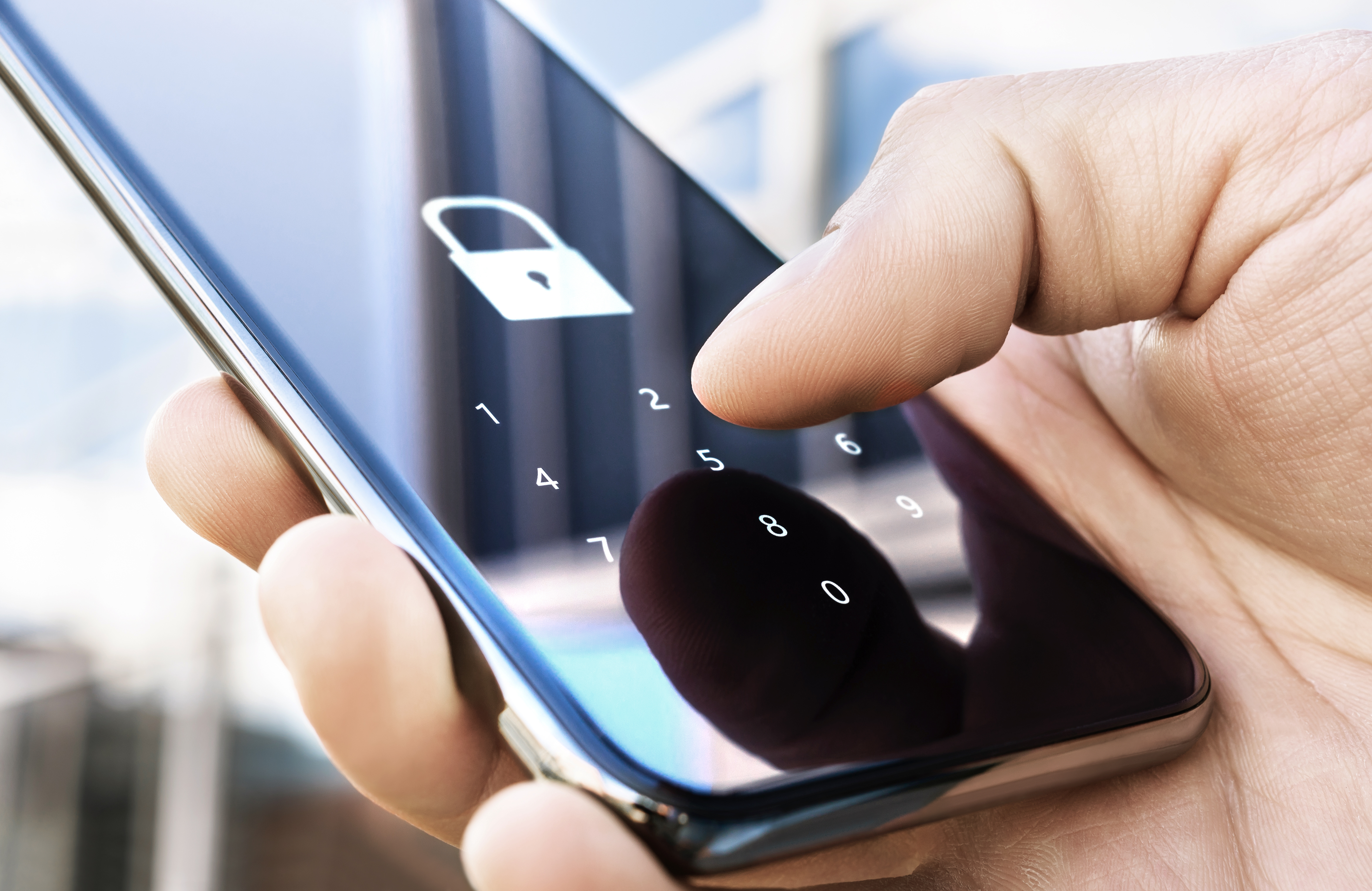 Phone lock code. Smartphone protection with 2fa (two factor authentication). Smartphone protection and security with pin number. Encrypted data. Personal online privacy. Cyber hacker threat.