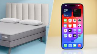 Composite image of iPhone and Sleep Number C2 Smart Bed.