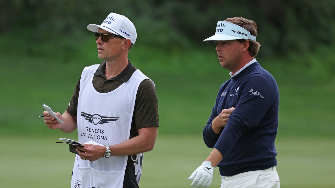 Keith Mitchell (right) and caddie John Limanti at the 2023 Genesis Invitational