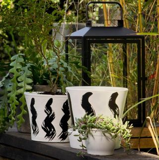 garden area with painted pots