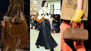 A model carrying a brown suede fringe bag at Isabel Marant Fall 2024, a model carrying a brown suede tote bag at Altuzarra Fall 2024 show, a model carrying a brown suede rectangular bag at Miu Miu Fall 2024.