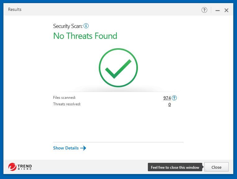 Trend Micro's malware scan completed on a Windows computer