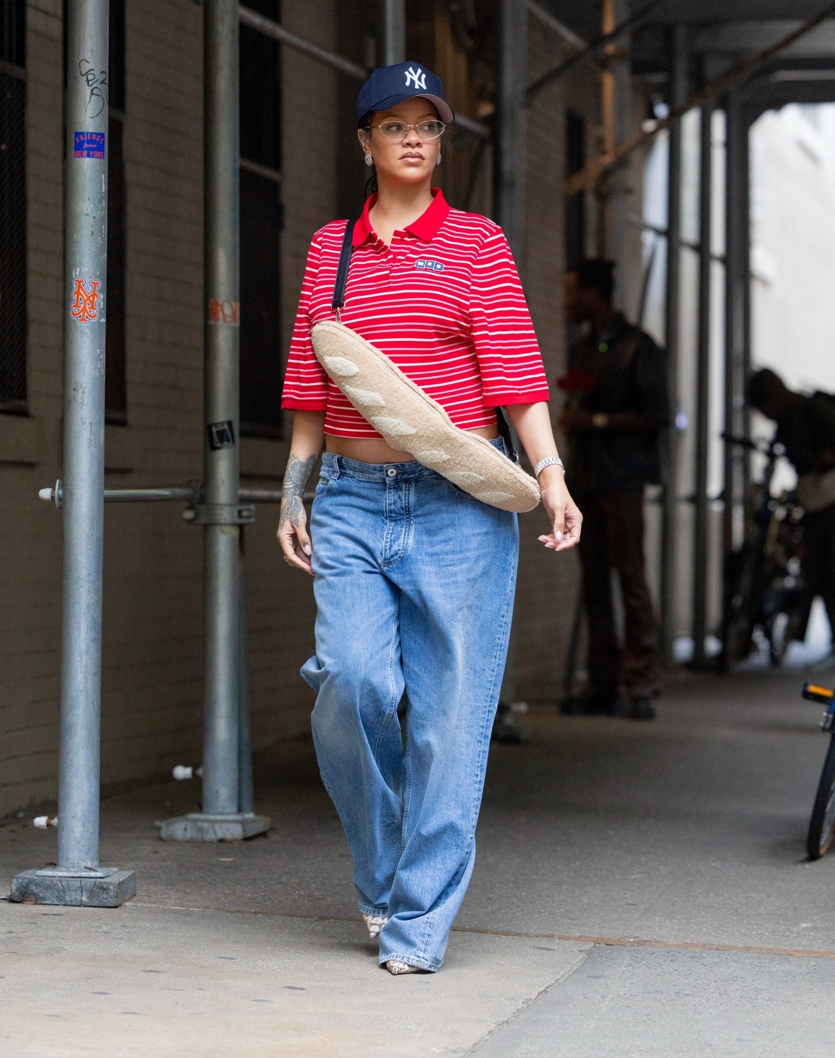 Rihanna wearing a baguette bag in New York City.