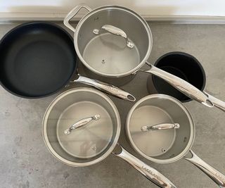 Lakeland Stainless Steel Pan Set unboxed on the counter