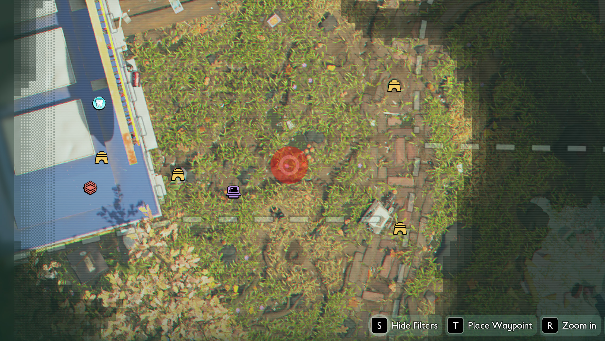 The map of Brookhollow Park in Grounded 2. This shows the Snackbar Front area, just outside the entrance in the far western corner. There's a little circle highlighting where to find Thistle Needles.