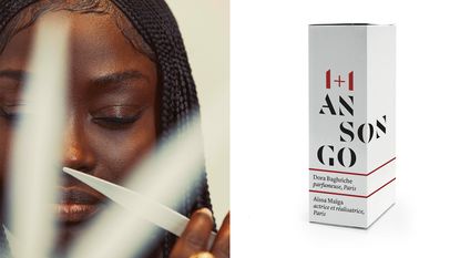 A woman smelling a perfume stick, and the product packaging for Nez 1+1 Ansongo perfume