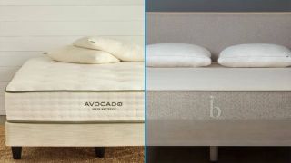 Avocado Green Mattress vs Birch Natural Mattress comparison image shows the Avocado mattress on the left and the Birch mattress on the right
