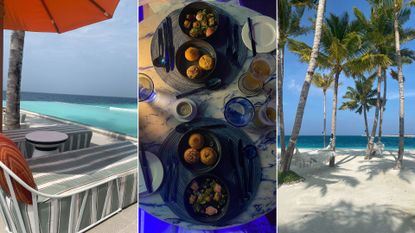 A composite image of three different views of OBLU Lobigili in the Maldives; the striped sun loungers by the pool, the underwater restaurant and the hammocks at the beach