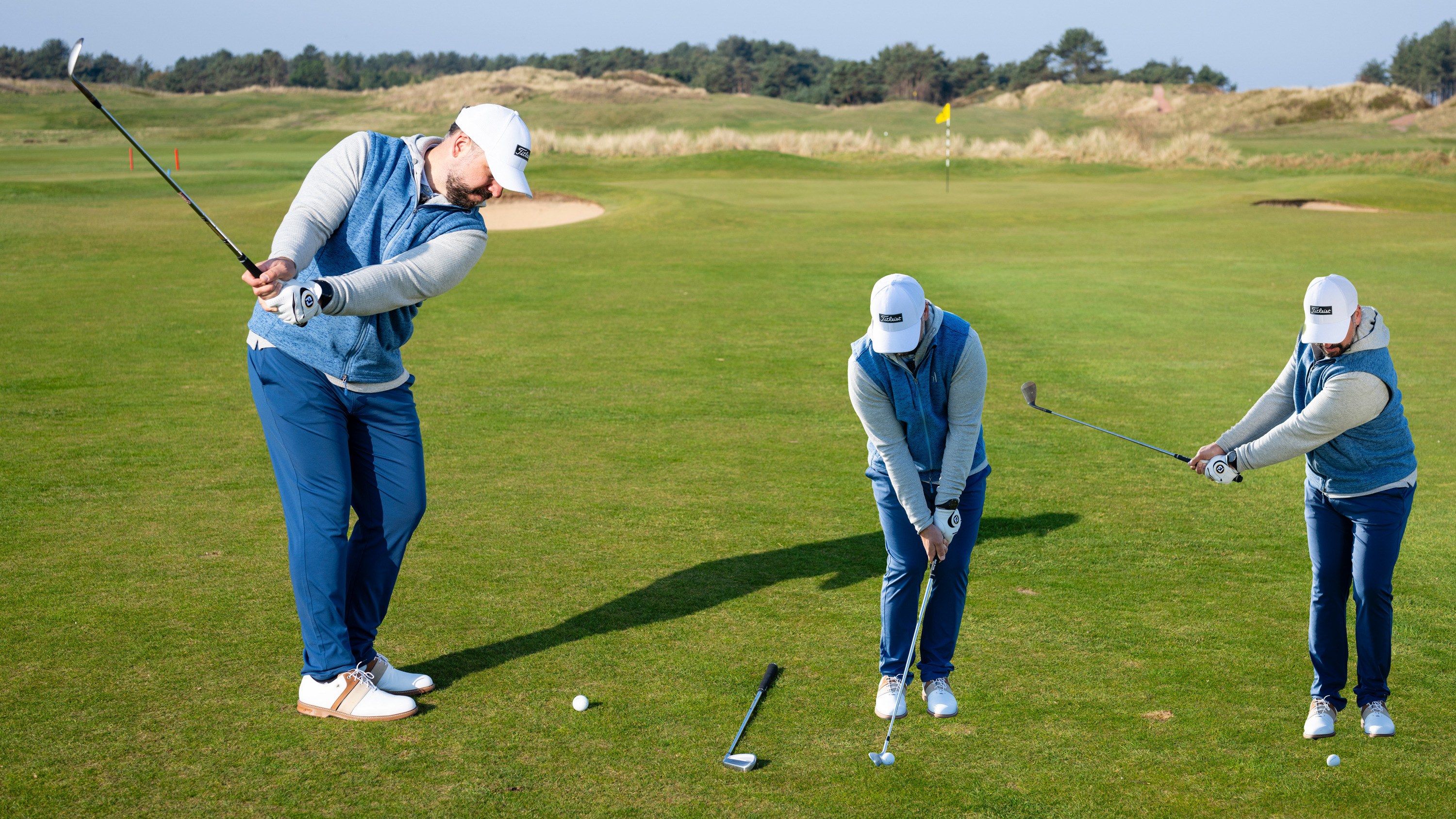 Peter Finch in the backswing preparing to hit a chip shot from outside 25 yards, with two smaller inset images of Peter Finch in the setup for the same shot and demonstrating the lack of wrist hinge in the backswing
