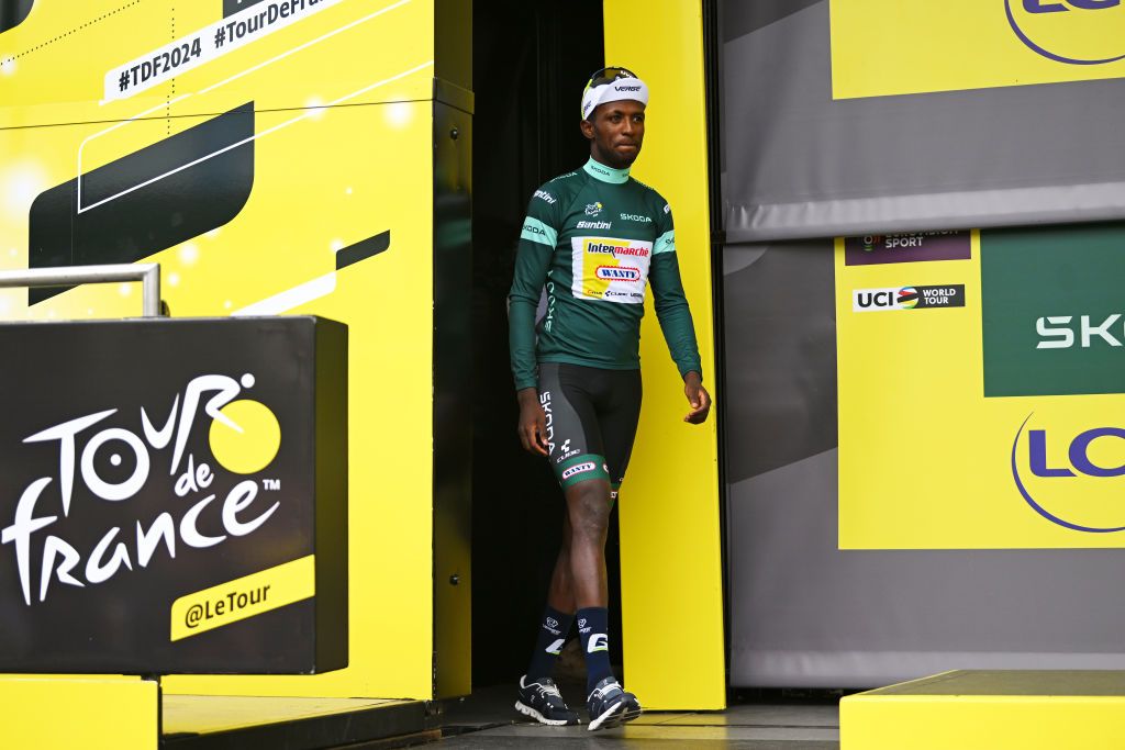 PAU FRANCE JULY 12 Biniam Girmay of Eritrea and Team Intermarche Wanty Green Sprint Jersey celebrates at podium during the 111th Tour de France 2024 Stage 13 a 1653km stage from Agen to Pau UCIWT on July 12 2024 in Pau France Photo by Dario BelingheriGetty Images