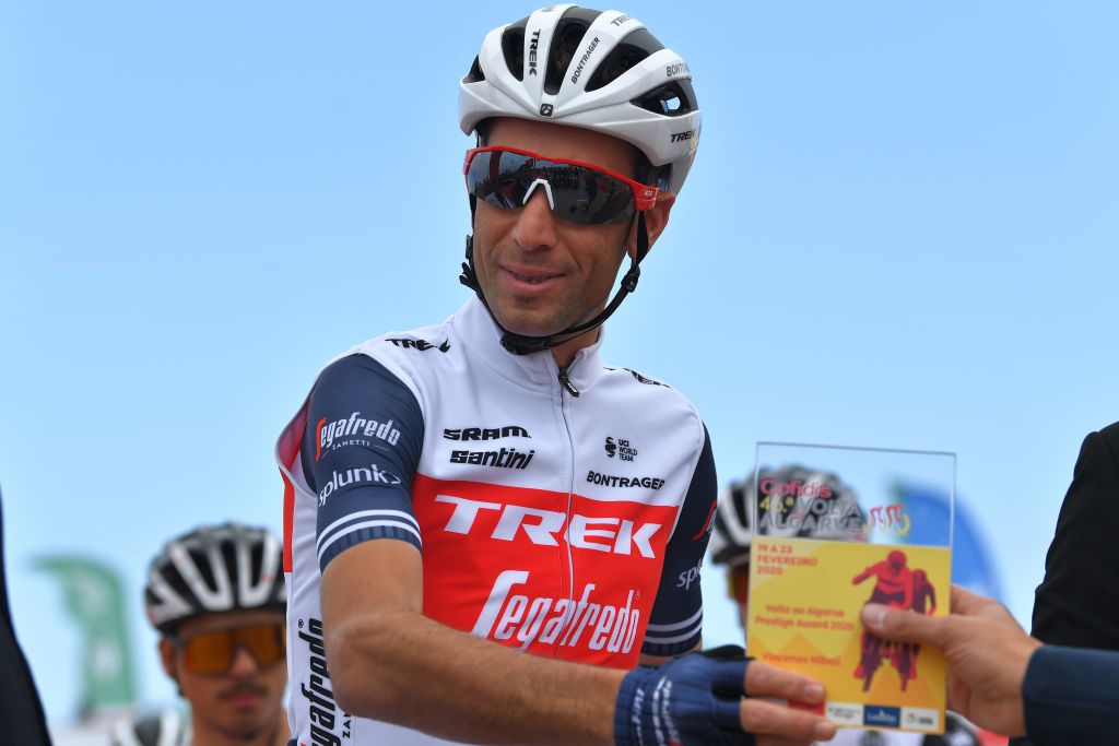 ALTO DA FIA MONCHIQUE PORTUGAL FEBRUARY 20 Start Vincenzo Nibali of Italy and Team Trek Segafredo Sagres Vila do Bispo during the 46th Volta ao Algarve 2020 Stage 2 a 1839 km stage from Sagres Vila do Bispo to Alto da Fia 884m Monchique VAlgarve2020 on February 20 2020 in Alto da Fia Monchique Portugal Photo by Tim de WaeleGetty Images