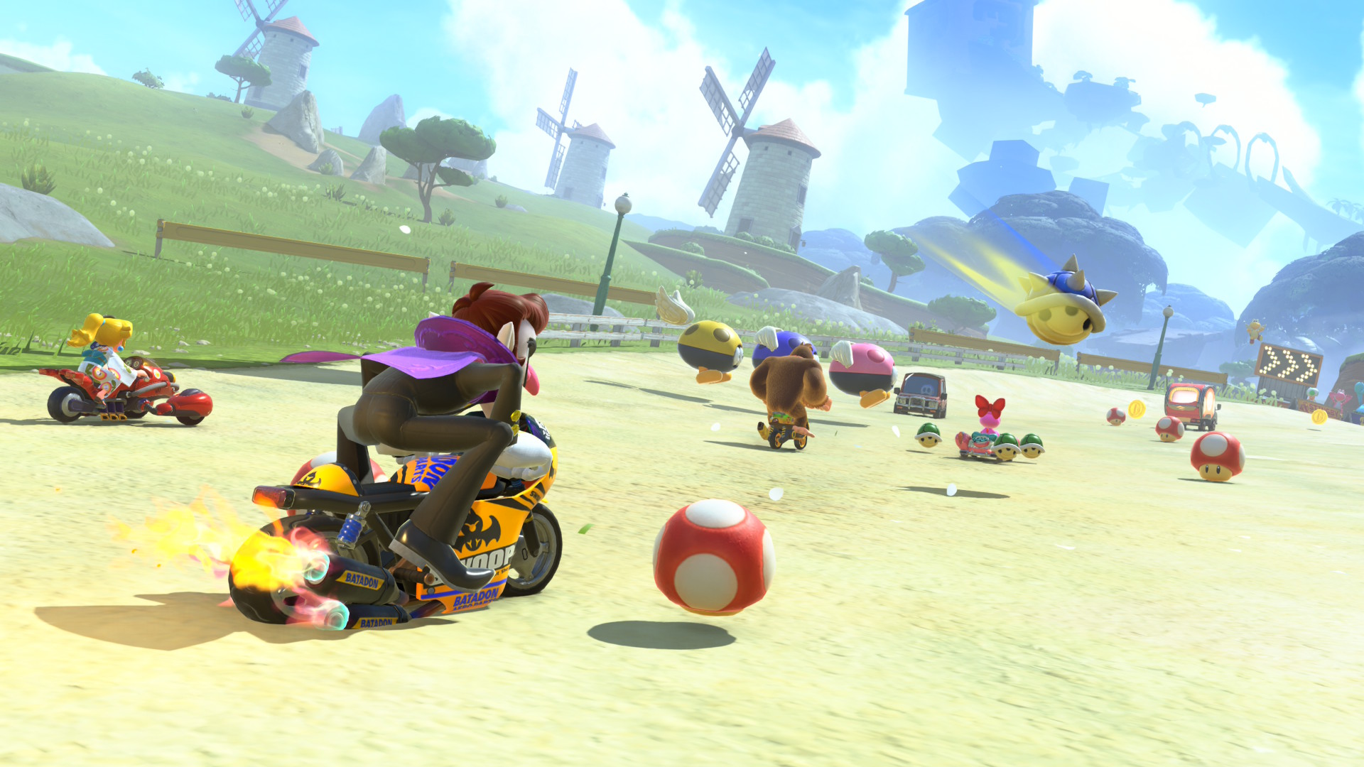Waluigi watches a blue shell soar past in Mario Kart World