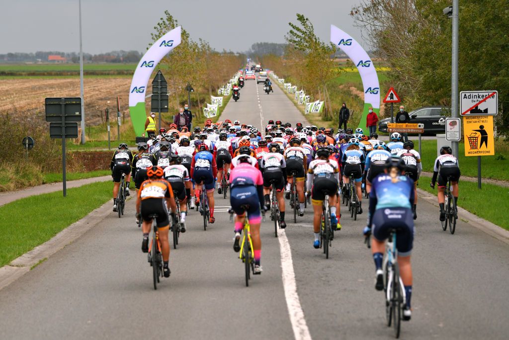 DE PANNE BELGIUM OCTOBER 20 Olha Kulynych of Ukraine and Team Ciclotel Peloton Landscape during the 3rd Driedaagse Brugge De Panne 2020 Women Classic a 1563km race from Brugge to De Panne AG3daagse on October 20 2020 in De Panne Belgium Photo by Luc ClaessenGetty Images
