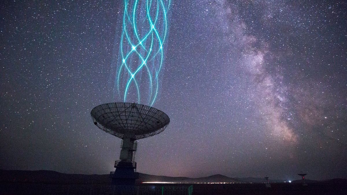 A radio telescope with imaginary blue lines coming from it